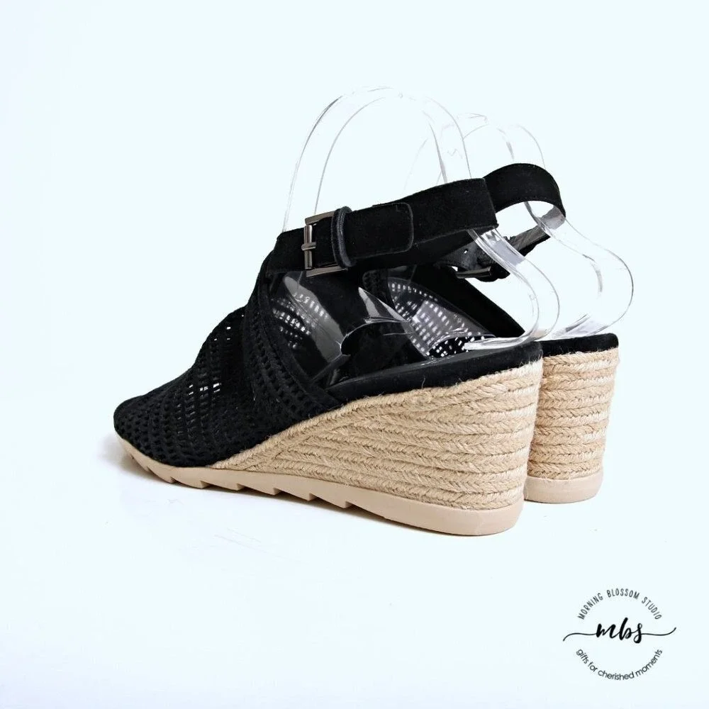 Eileen Fisher Aura Suede Slingback Espadrille Wedges Black‎ Women 9
